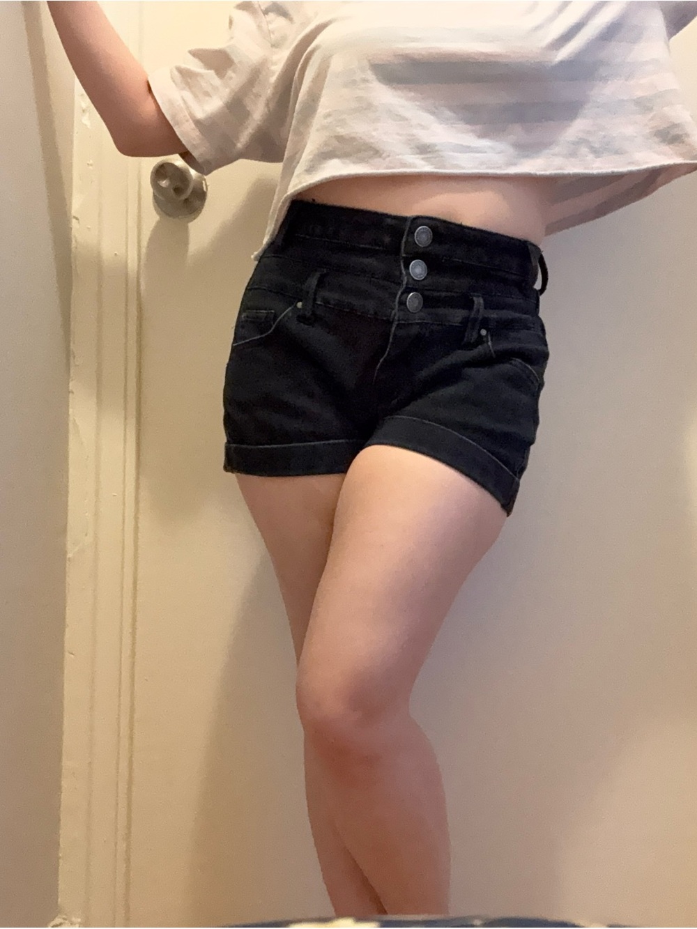 Ardene High-Waist Black Denim Shorts with Triple Button